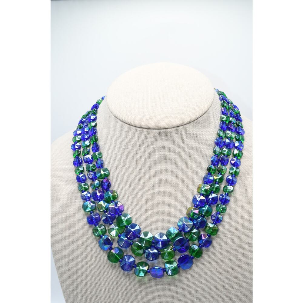 Vintage Germany Blue Green Fire Polished Lucite Bead Necklace 16 Inch